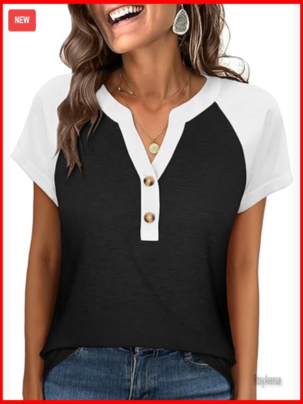 Short Sleeve Henley Tunic Blouse with Button V Neck